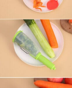 peeler with catcher tube next to peeled carrot & cucumber