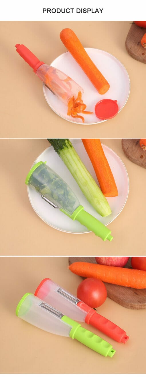 peeler with catcher tube next to peeled carrot & cucumber