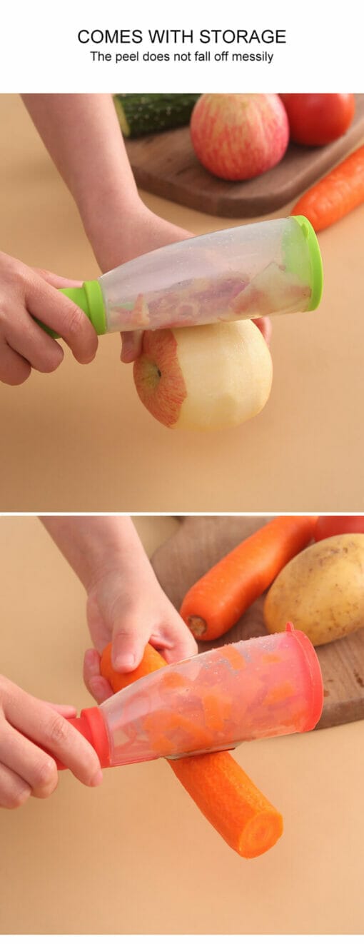 peeler with catcher tube peeling a carrot