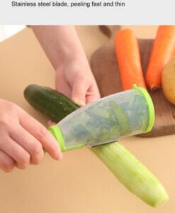 peeler with catcher tube peeling a cucumber