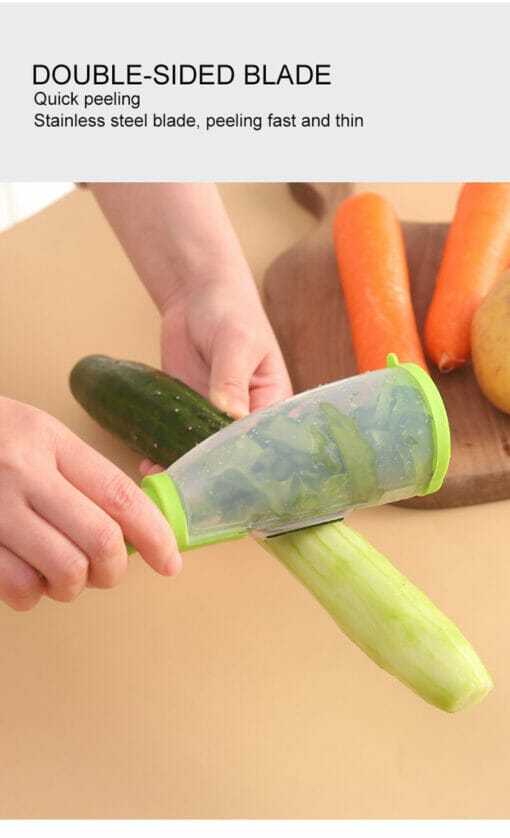 peeler with catcher tube peeling a cucumber